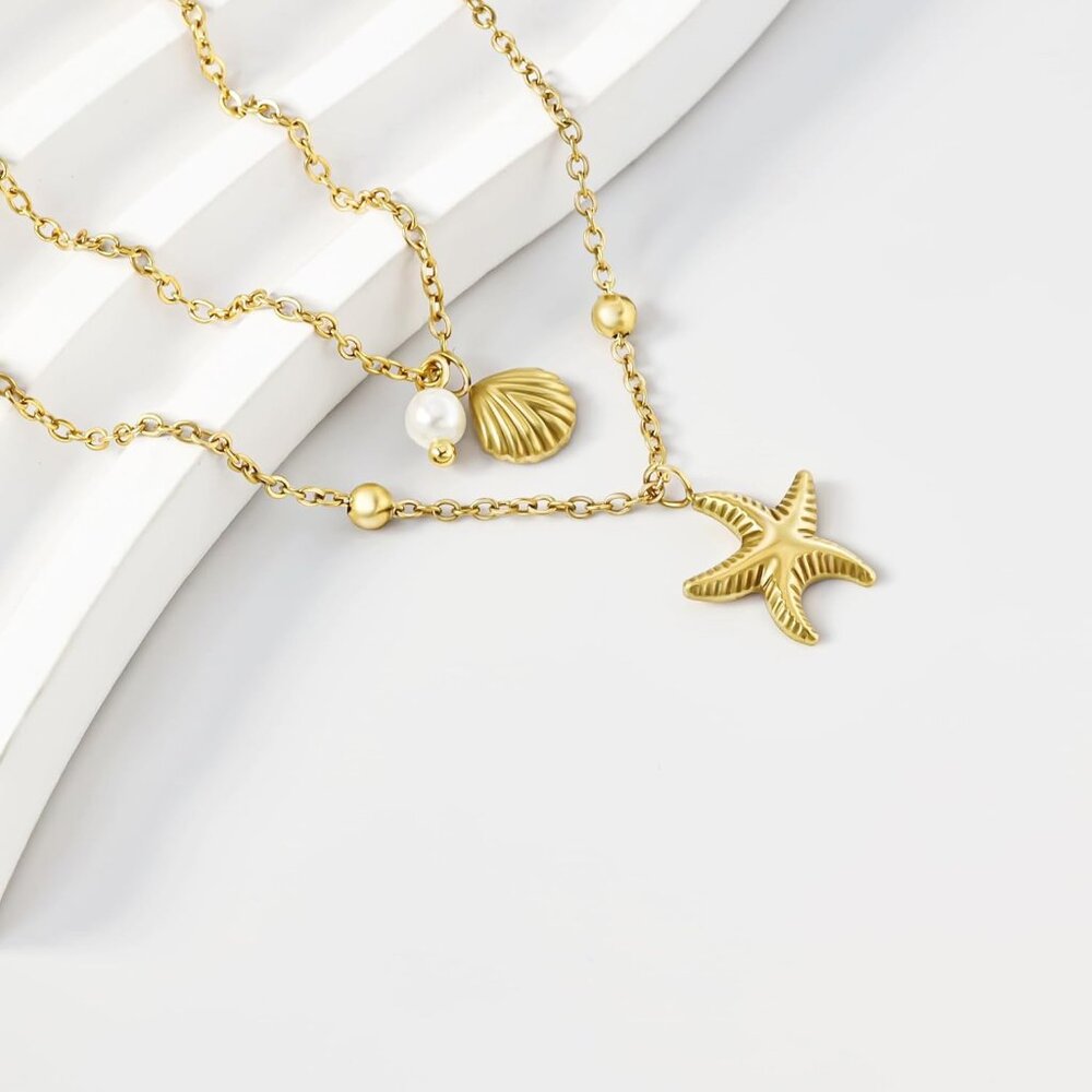 Shell Necklace for Women,14k Gold Plated Layered Starfish Conch SeaShell Pearl P - Picture 5 of 6